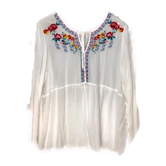 Charming Charlie Tops - White Embroidered Boho Peasant Blouse XL